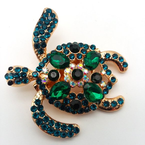 Turtle Brooch Rhinestone Pin Stylish Sea Sparkle Glam Inlayed Bold Tortoise NEW - Picture 3 of 5